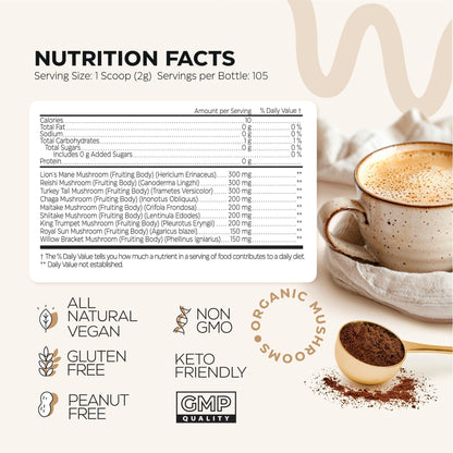 Mushroom Coffee   9 Mushroom Adaptogen Mix   Lion's Mane Chaga Turkey Tail Reishi Shiitake   Instant Coffee Powder for Gut Health Immunity Energy Brain Boost   No GMO Sugar Free Keto Friendly